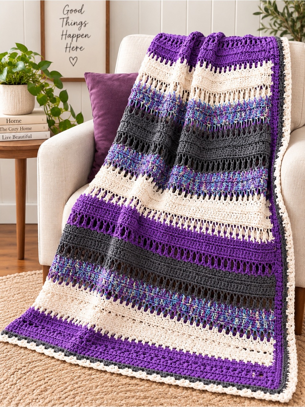 Handmade Crochet Throw Blanket in Purple, Gray, White 56x56